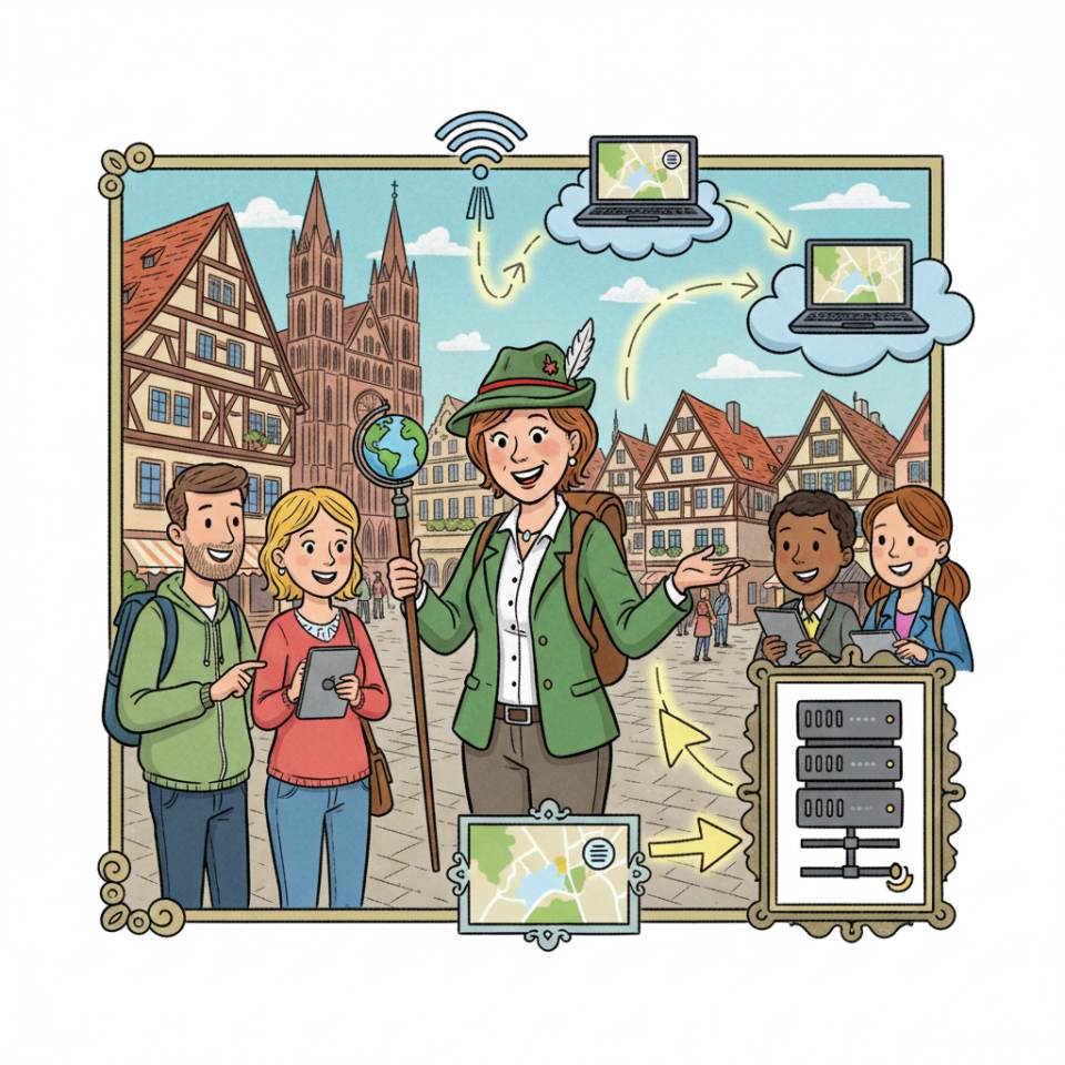 Comic-Darstellung eines Gästeführers mit Gruppe vor einem historischen Stadttor
