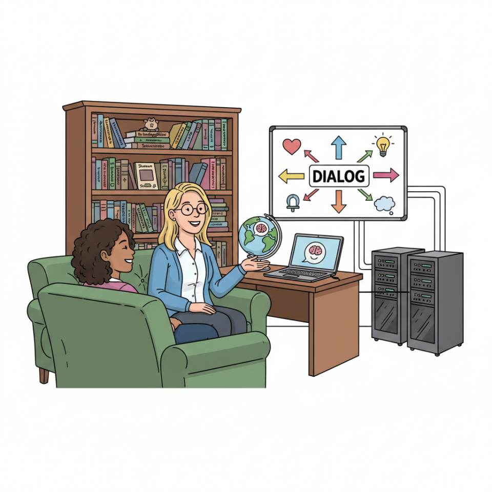 Comic-Darstellung eines Psychotherapeuten im Gespräch mit einem Klienten in einer ruhigen Therapiesituation