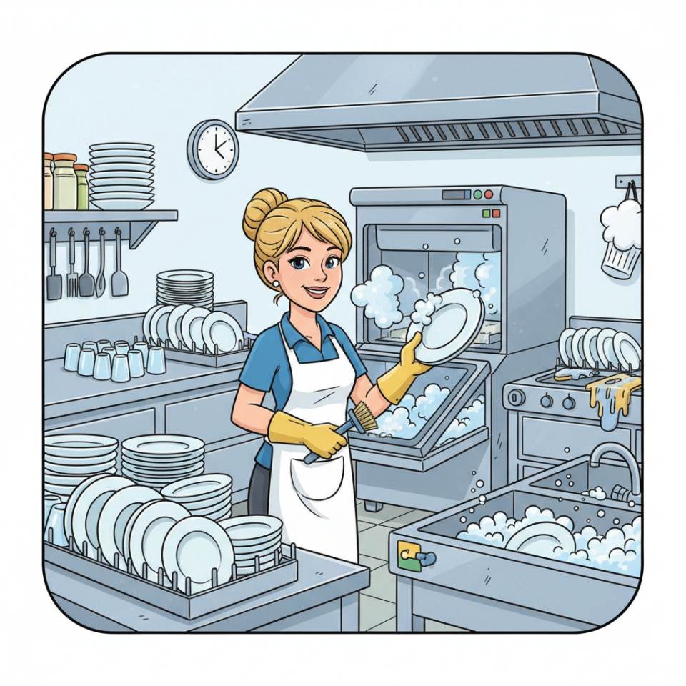 Comic-Darstellung einer Spülkraft an der Spülmaschine mit Geschirrstapeln, Gläsern und Küchenutensilien