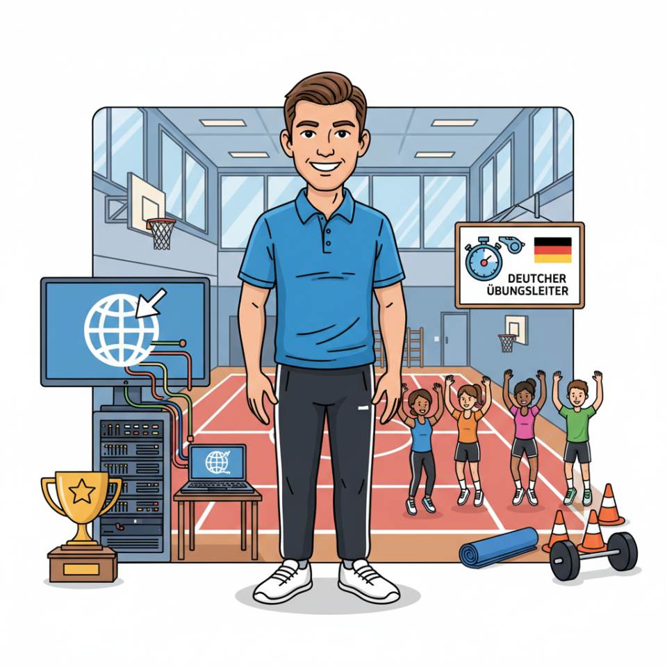 Comic-Darstellung eines Übungsleiters mit Trainingsplan, der eine Sportgruppe in der Vereinshalle anleitet