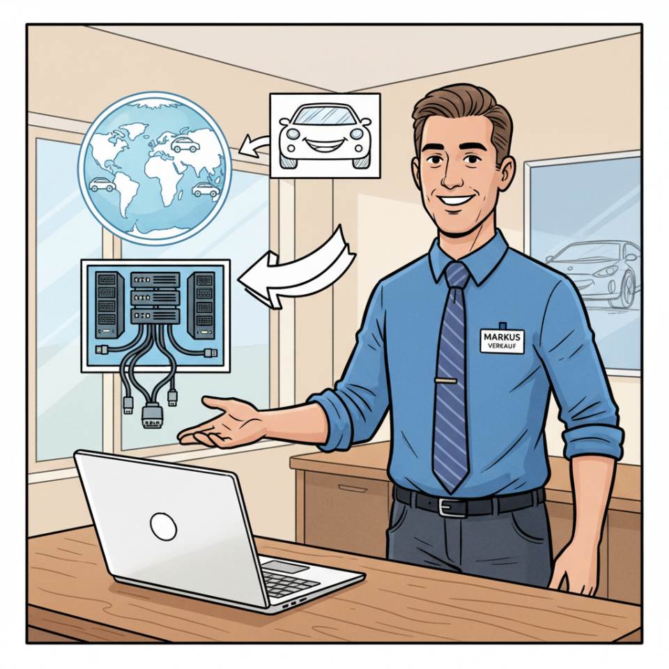Comic illustration of an automobile clerk in a dealership showroom advising a customer with car keys