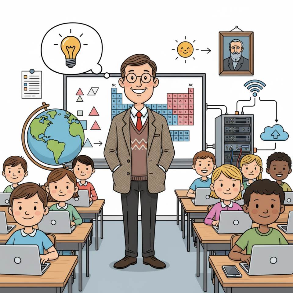 Comic illustration of a teacher with a blackboard, books and a class in a classroom