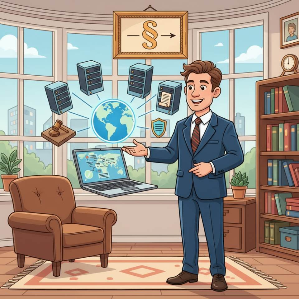 Comic illustration of a lawyer with a gown, briefcase and law books in a bright law-office room