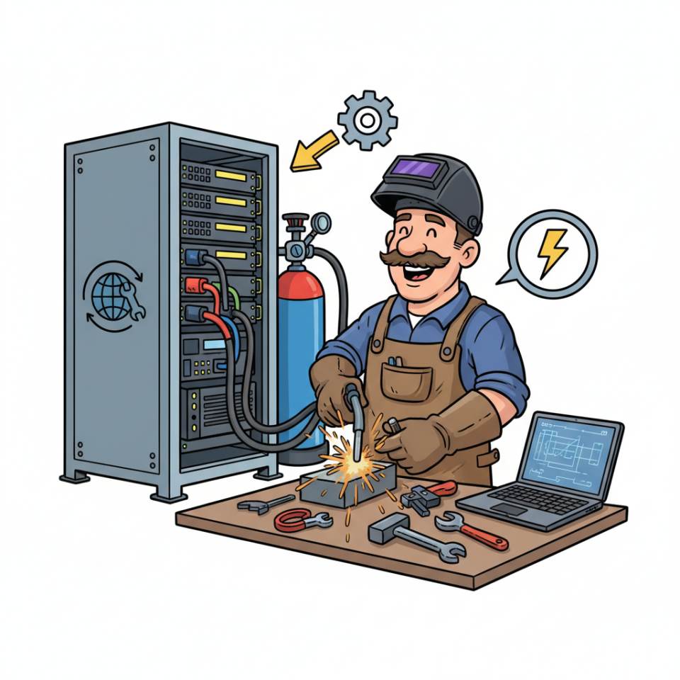 Comic illustration of a welder with protective helmet and welding torch at a steel structure on the shop floor