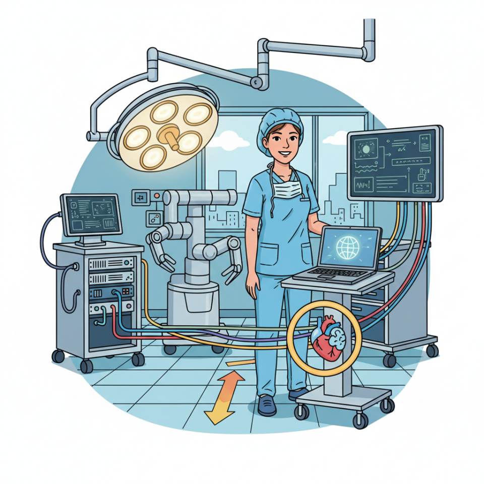 Ilustración cómica de una asistencia técnico-quirúrgica (OTA) con mesa de instrumental estéril en un quirófano luminoso