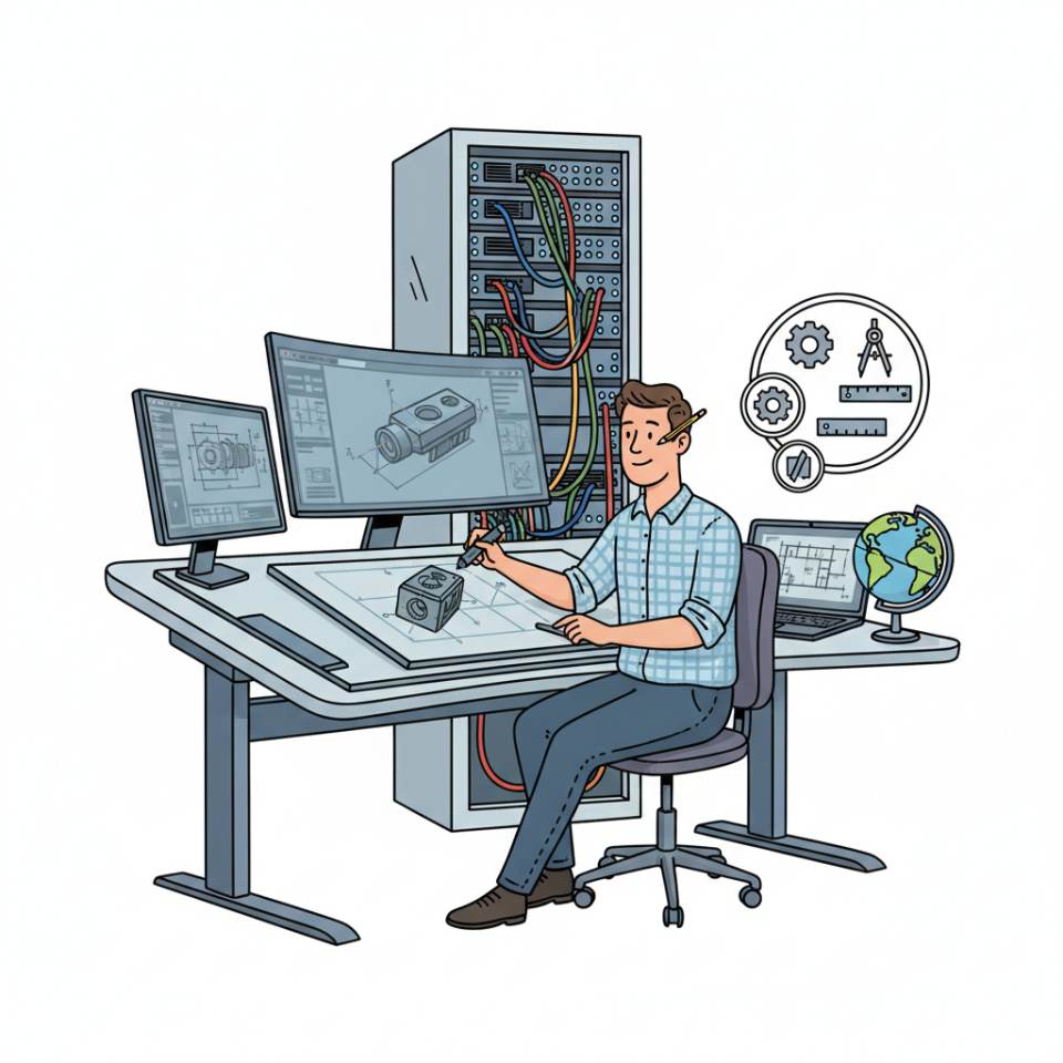 Ilustración cómic de un delineante técnico en un puesto CAD con planos técnicos y modelos 3D