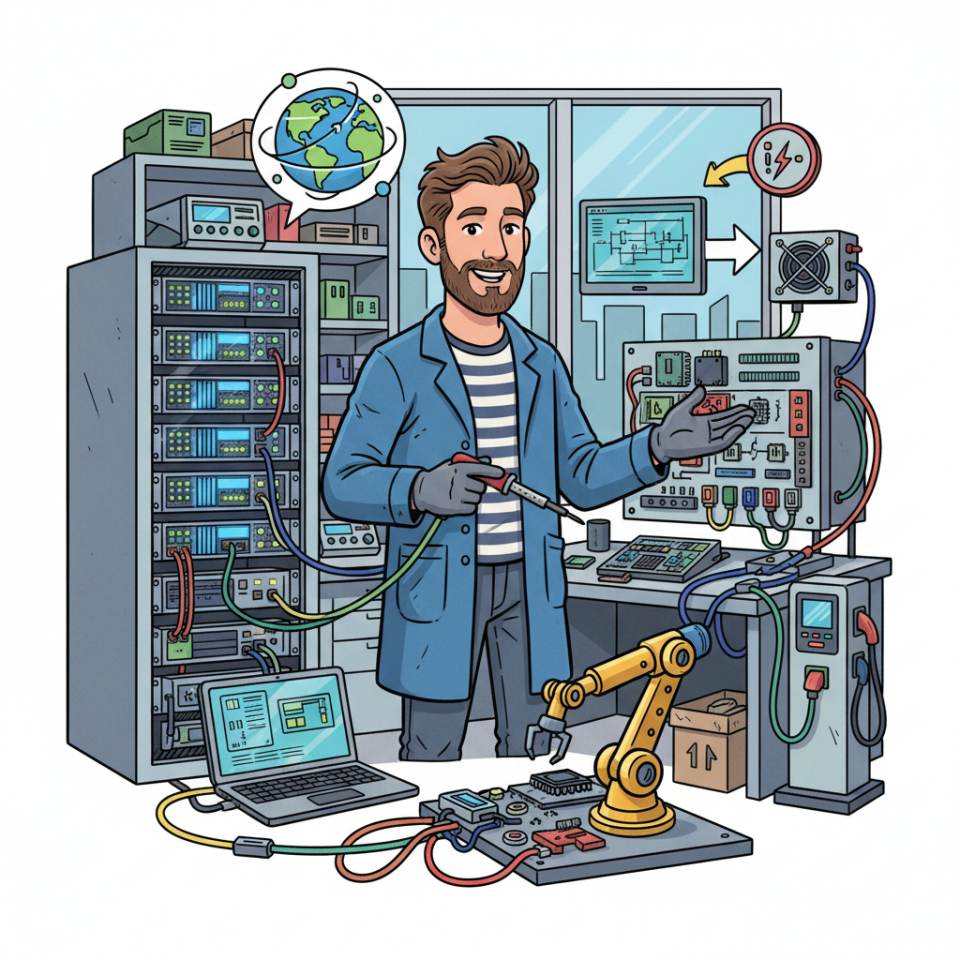 Комікс-зображення електрика з інструментом і розподільчою шафою біля електричної установки