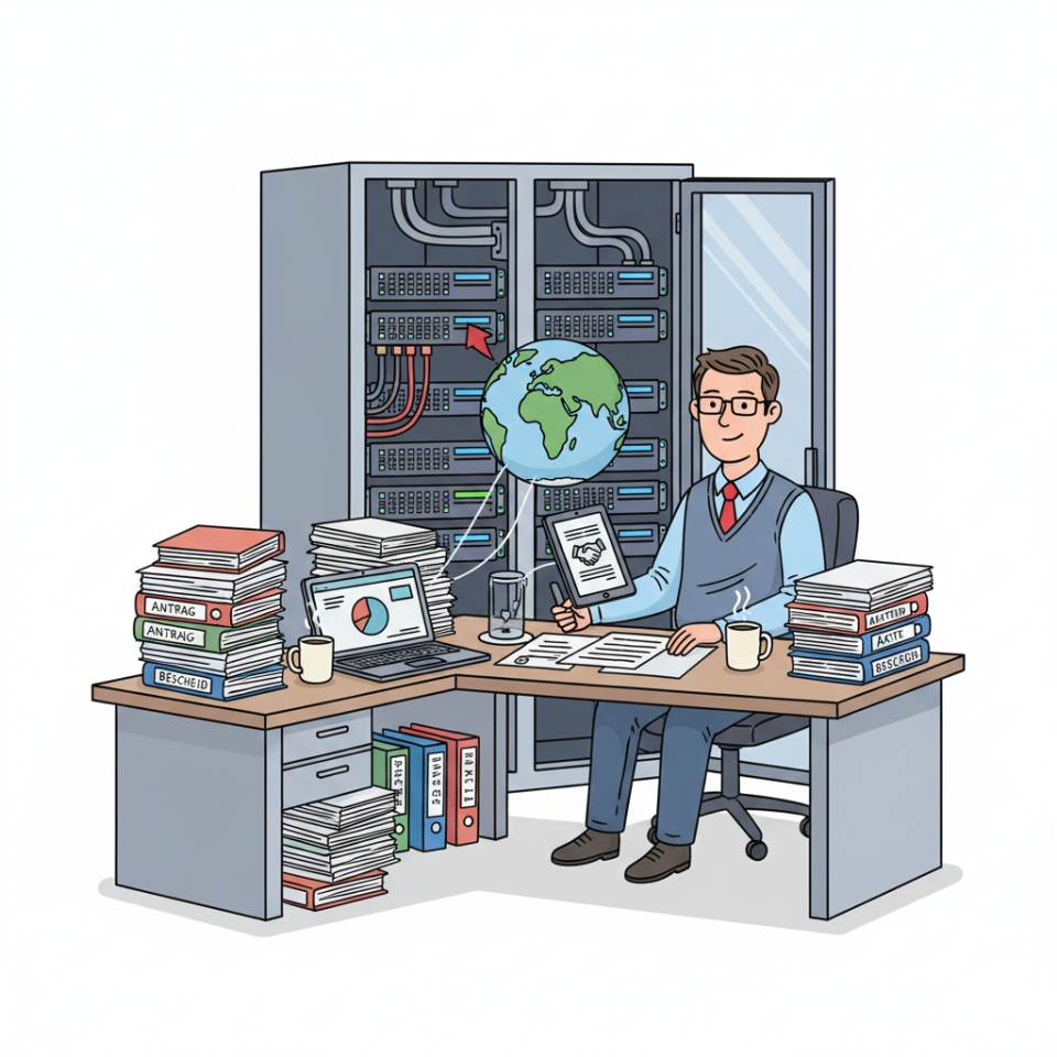 Комікс-зображення Sachbearbeiter за столом із ноутбуком, папкою, штампом і бланками
